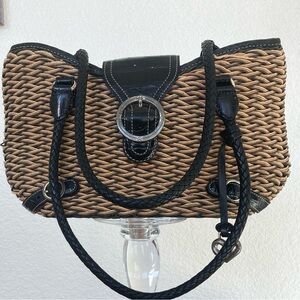Brighton Debbie Basket Weave Straw Shoulder Bag Brown Braided Leather Handles